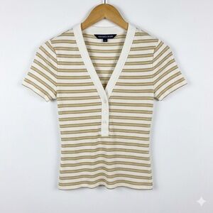 Veronica Beard Metallic Gold Striped Ribbed Henley Top V-Neck Small XS